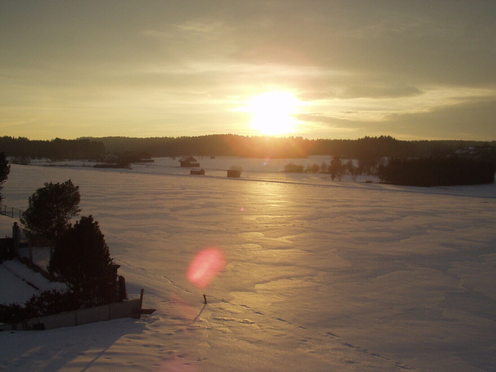 Un paisaje nevado con cielo despejado y el sol bajo en el horizonte, evocando una escena invernal.