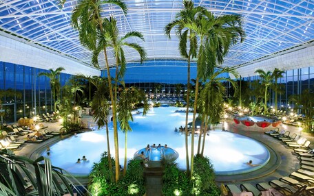 A large indoor swimming pool with multiple levels, surrounded by palm trees and lounge chairs, under a glass ceiling.