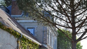 A stone building with a sloped roof, ivy-covered walls, and a large tree in front. - Villa du Cerf Thibault (Le Blanc)