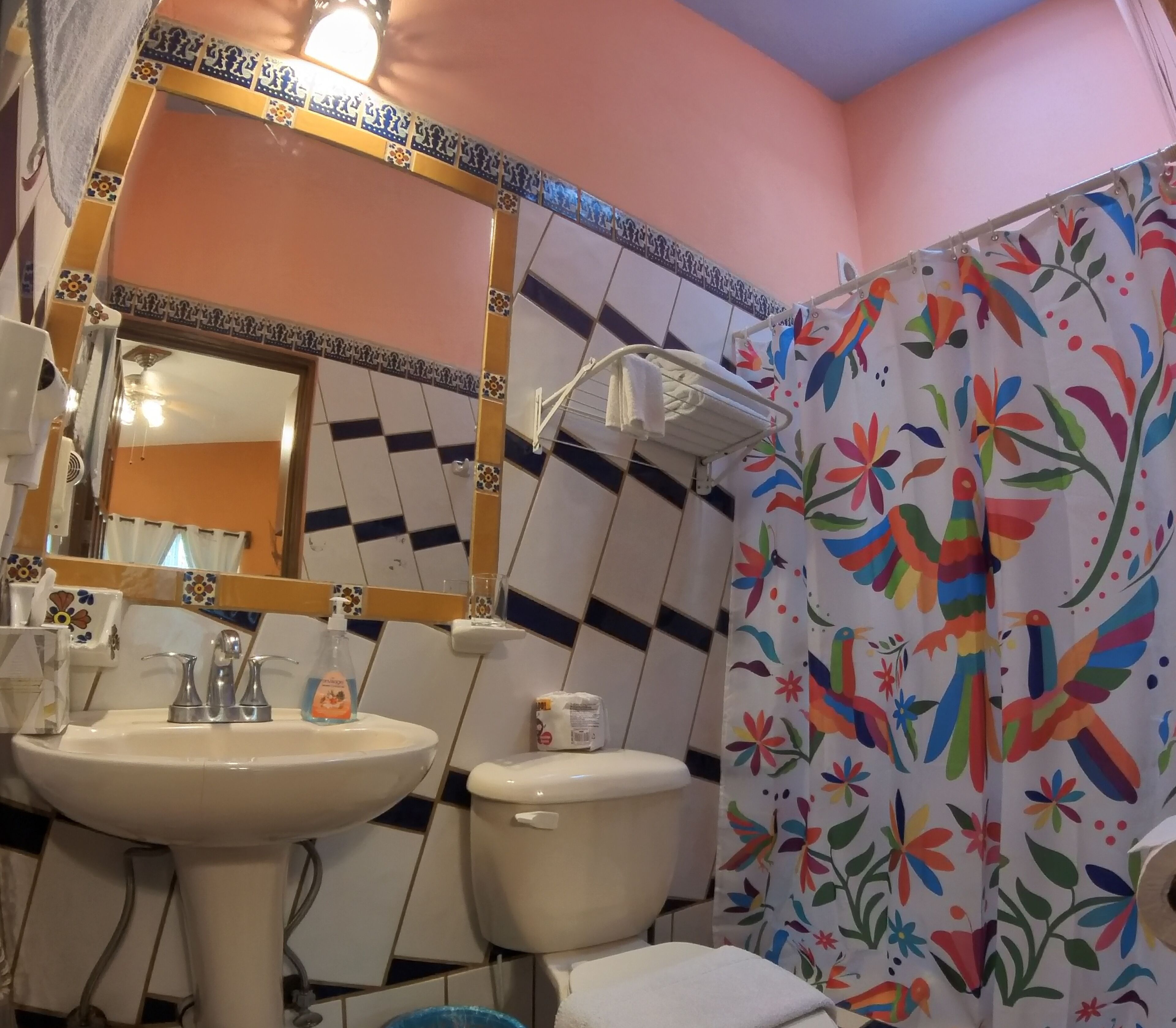 A bathroom with a sink, mirror, and toilet. There is a shower curtain with a floral pattern.