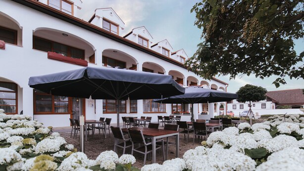 An outdoor seating area with tables and chairs, umbrellas, and white flowers. - Hotel Mörbischerhof (Morbisch am See)