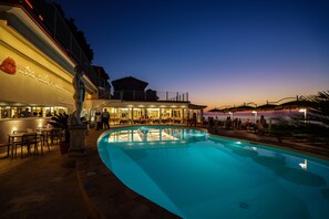 Seasonal outdoor pool, pool umbrellas, pool loungers