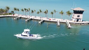 Un port de plaisance avec un bateau, des palmiers et un bâtiment doté d’une tour.