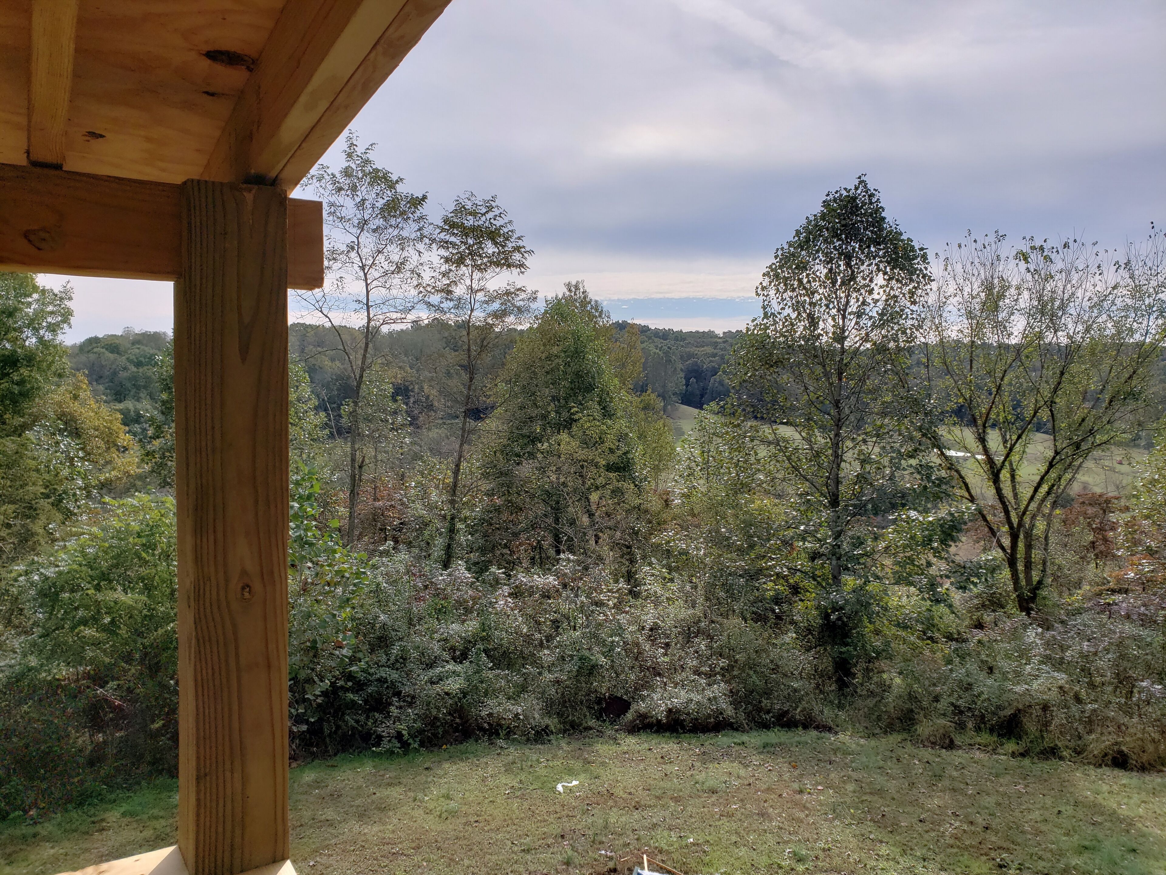 A wooden structure with a view of a forested landscape.
