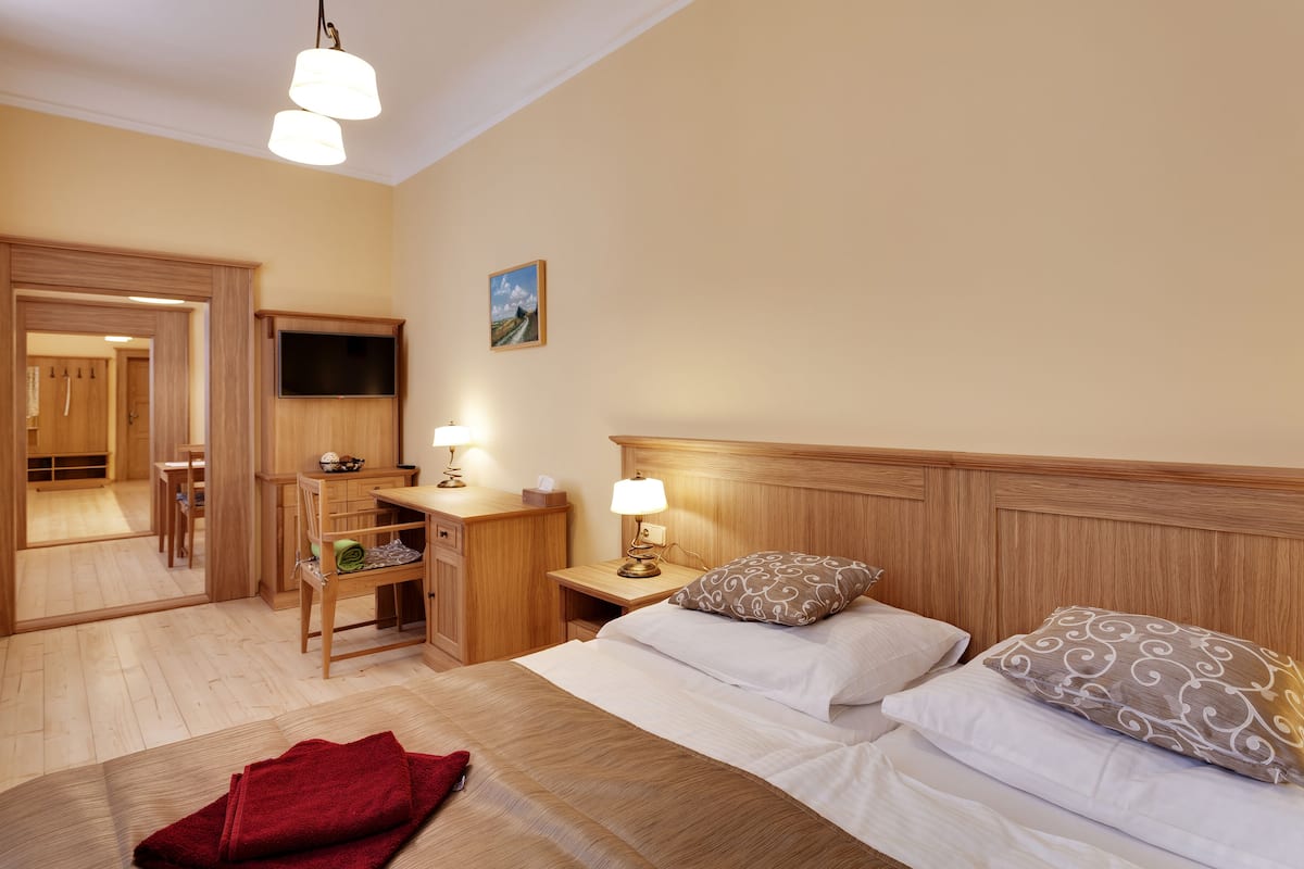 A hotel room with a bed, a desk, a chair, a television, and a mirror.
