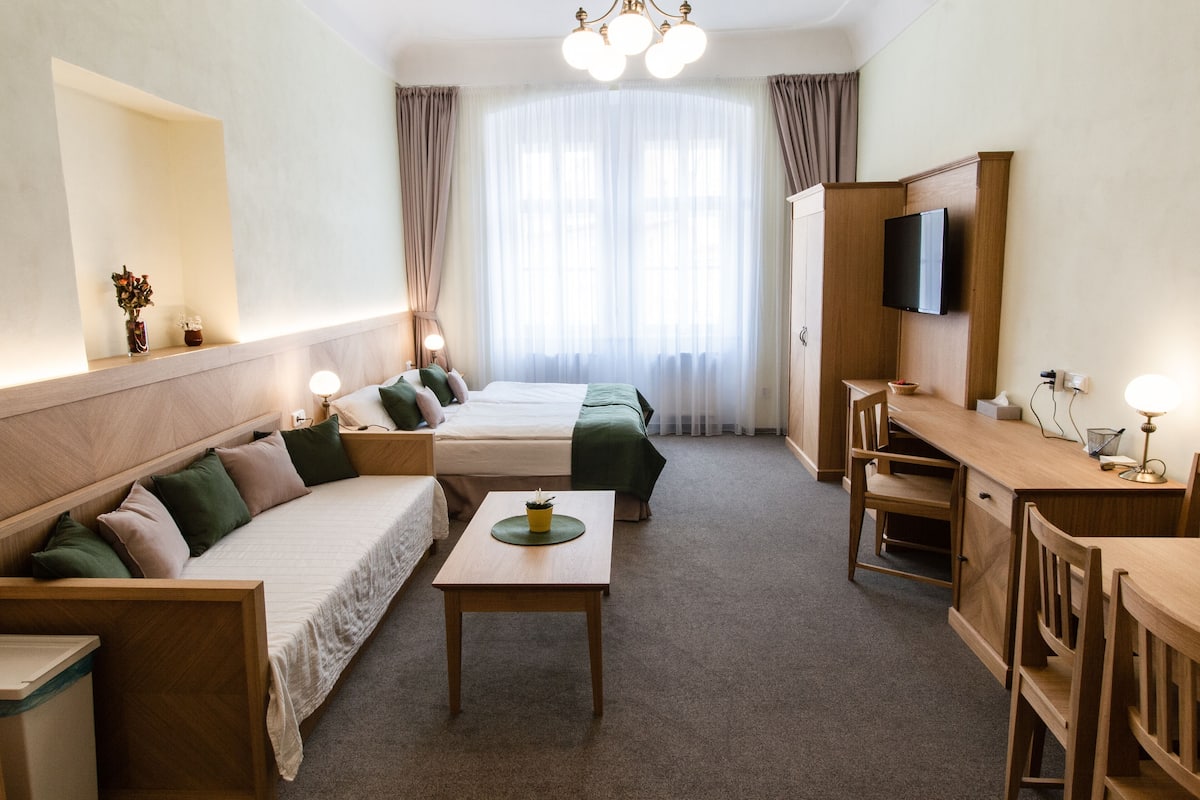A hotel room with a sofa bed, a single bed, a desk, a TV, and a large window with curtains.