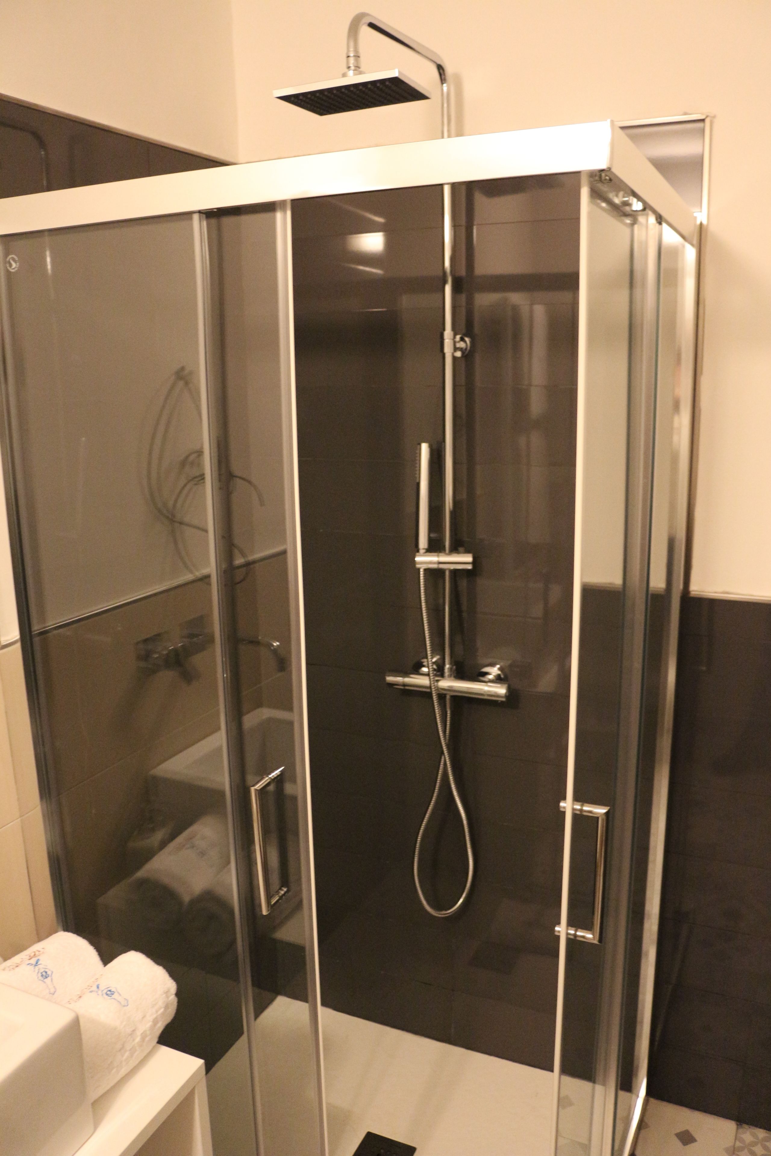 A modern bathroom with a glass-enclosed shower, a white sink, and a towel rack.