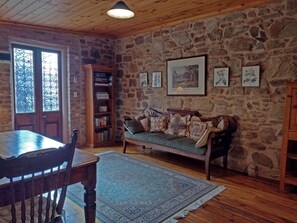 Älytelevisio, takka, DVD-soitin, kirjoja