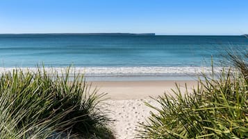 Enjoy a serene beachside experience with a clear ocean view and lush green surroundings.