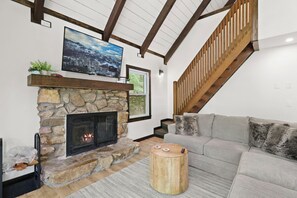 Smart TV, fireplace, foosball, books