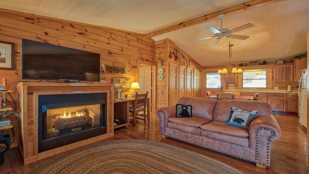 A cozy cabin interior with a fireplace, a television, a sofa, and a dining area. - SPECIAL RATES OCT 12-16, MT VIEWS, ATTACHED GARAGE, FLAT PAVED PARKING, PET FEE. (Maggie Valley)
