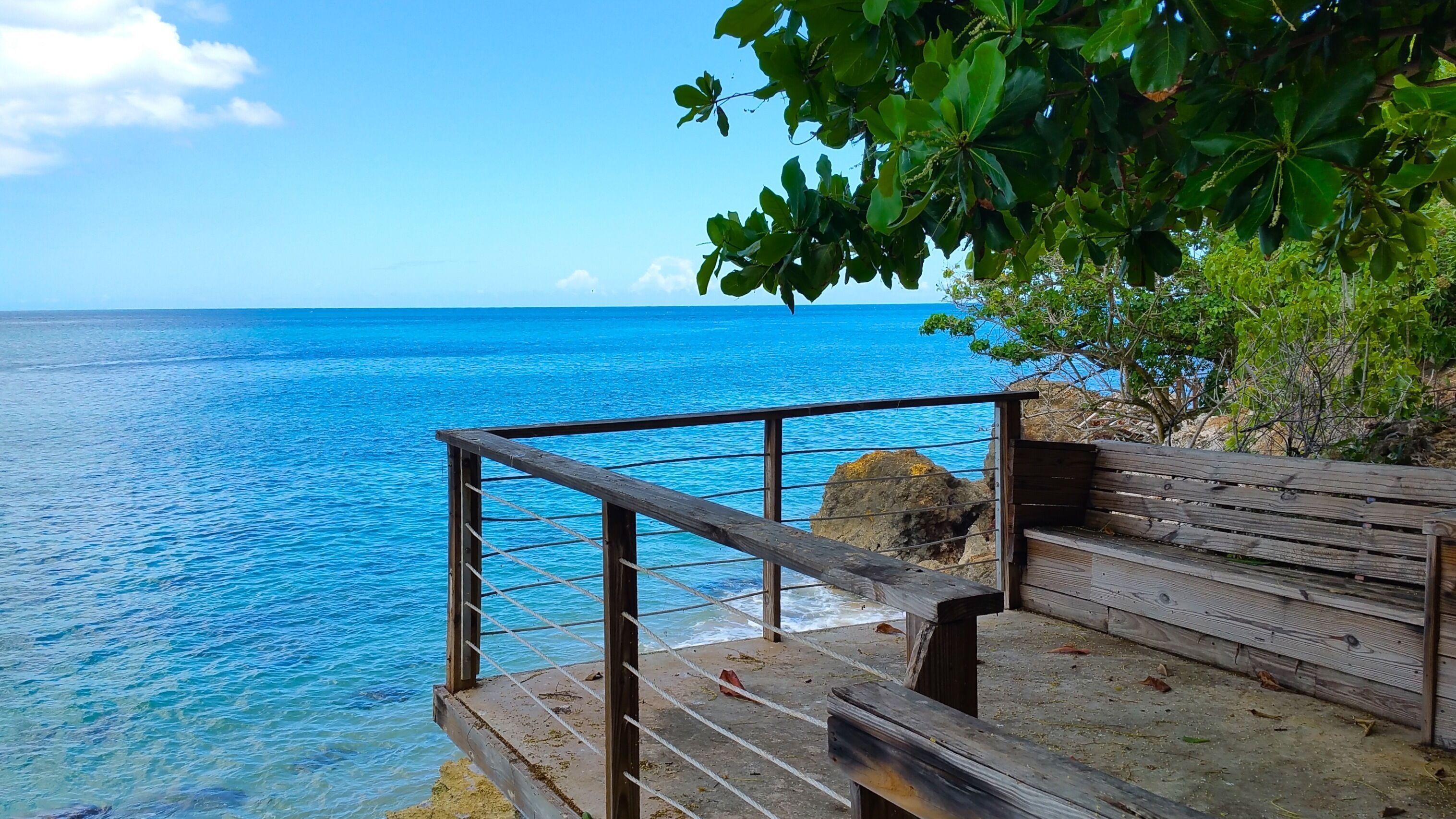 Um banco de madeira com vista para um mar azul e límpido, com guarda-corpo e vegetação ao primeiro plano.