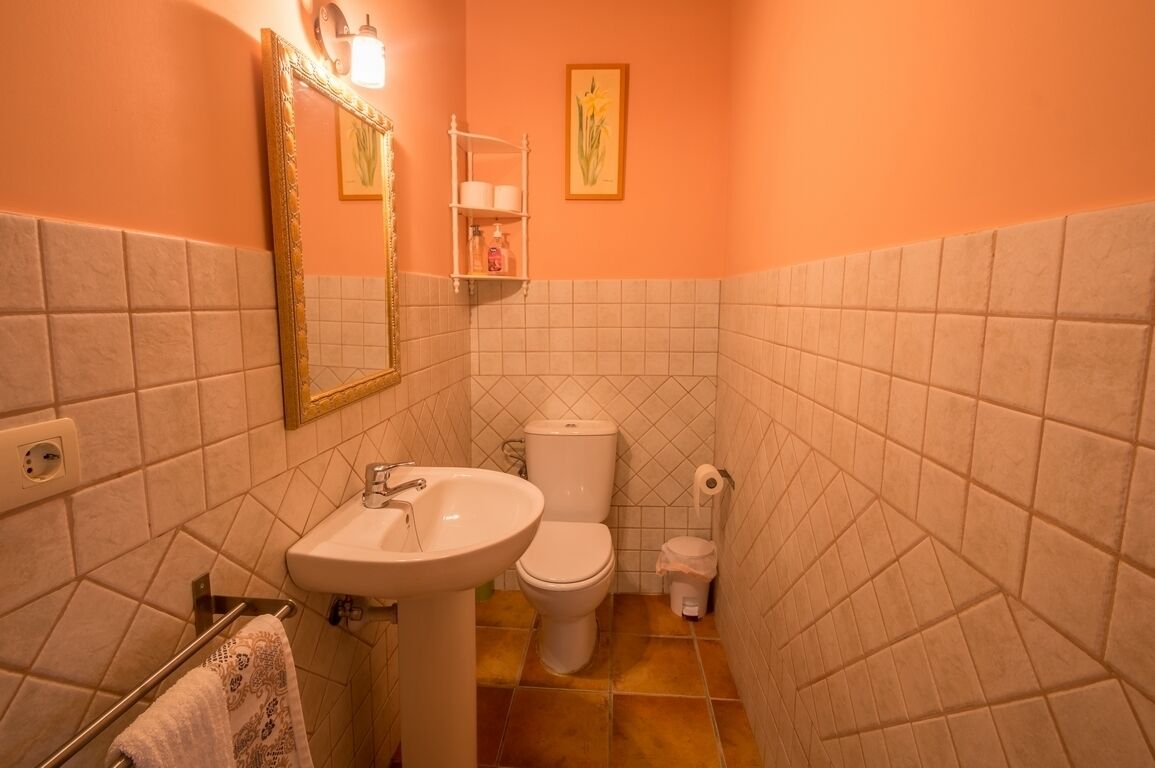 A bathroom with a sink, toilet, and a mirror.
