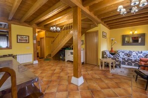 Televisie, een open haard, een dvd-speler en boeken