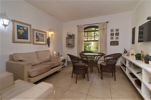 Televisio, DVD-soitin, kirjoja, musiikkikirjasto