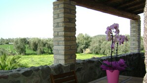 A stone wall with a wooden table and a chair, a pink orchid in a vase, and a view of a green landscape with trees.