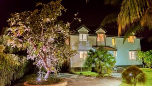 A two-story house with a well-maintained garden, including a tree with pink lights and a small tree in the front yard.