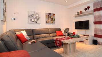 Fernseher, DVD-Player, Bücher, Stereoanlage