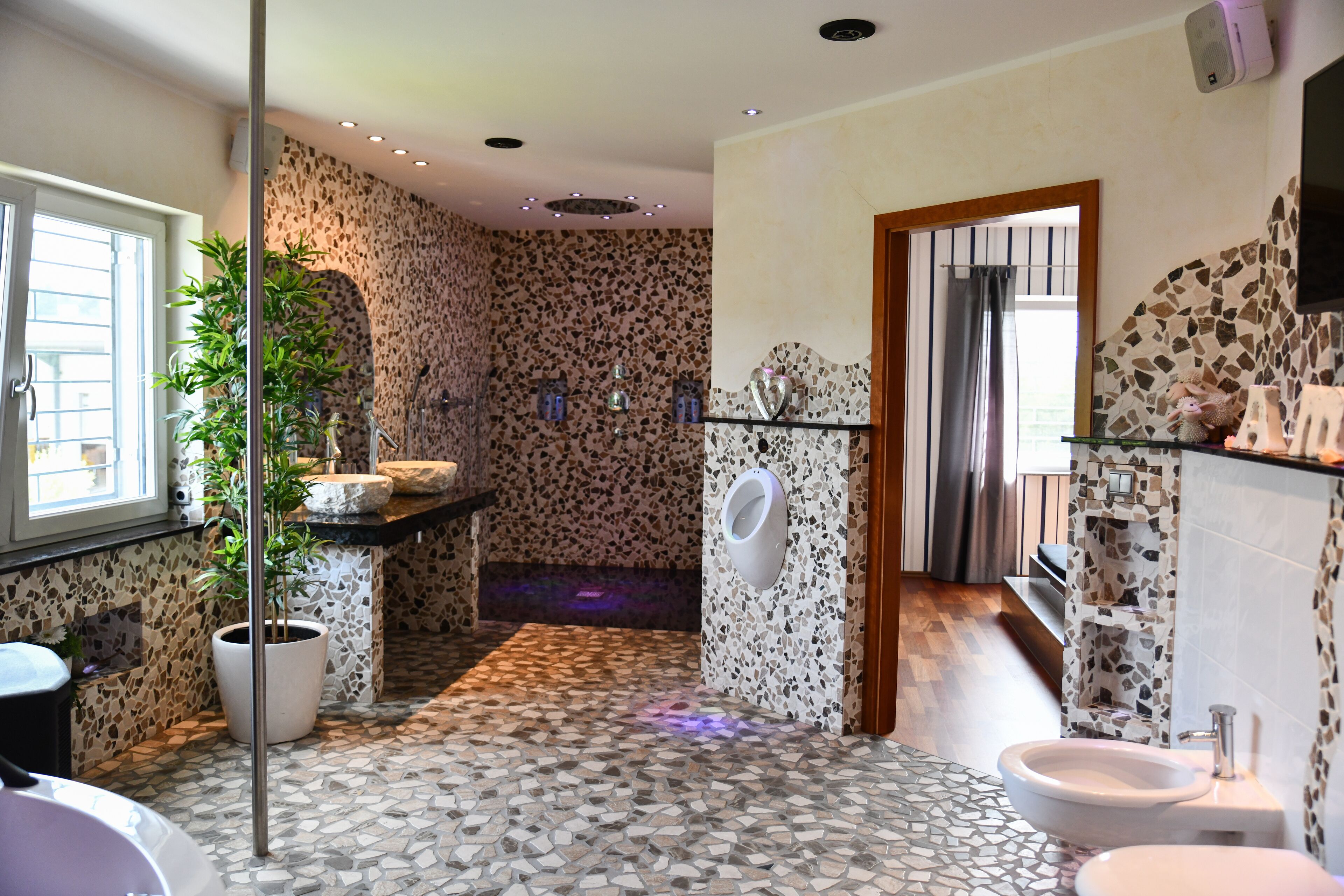 Ein Badezimmer mit Mosaikboden, einem Blumentopf, einem Bidet und einer Toilette.