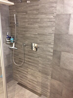 Douche, baignoire à jets, sèche-cheveux, serviettes fournies