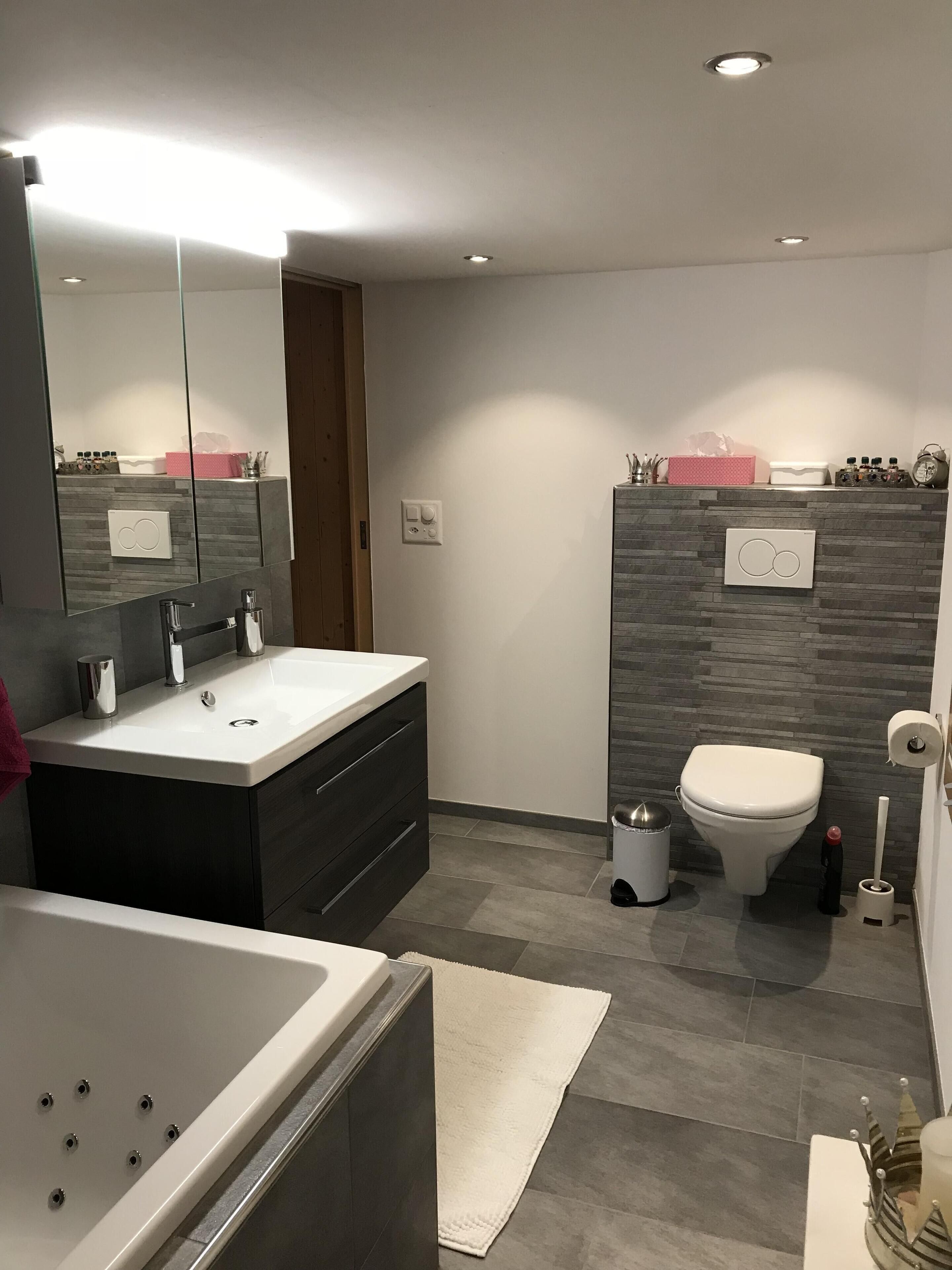 Shower, jetted tub, hair dryer, towels