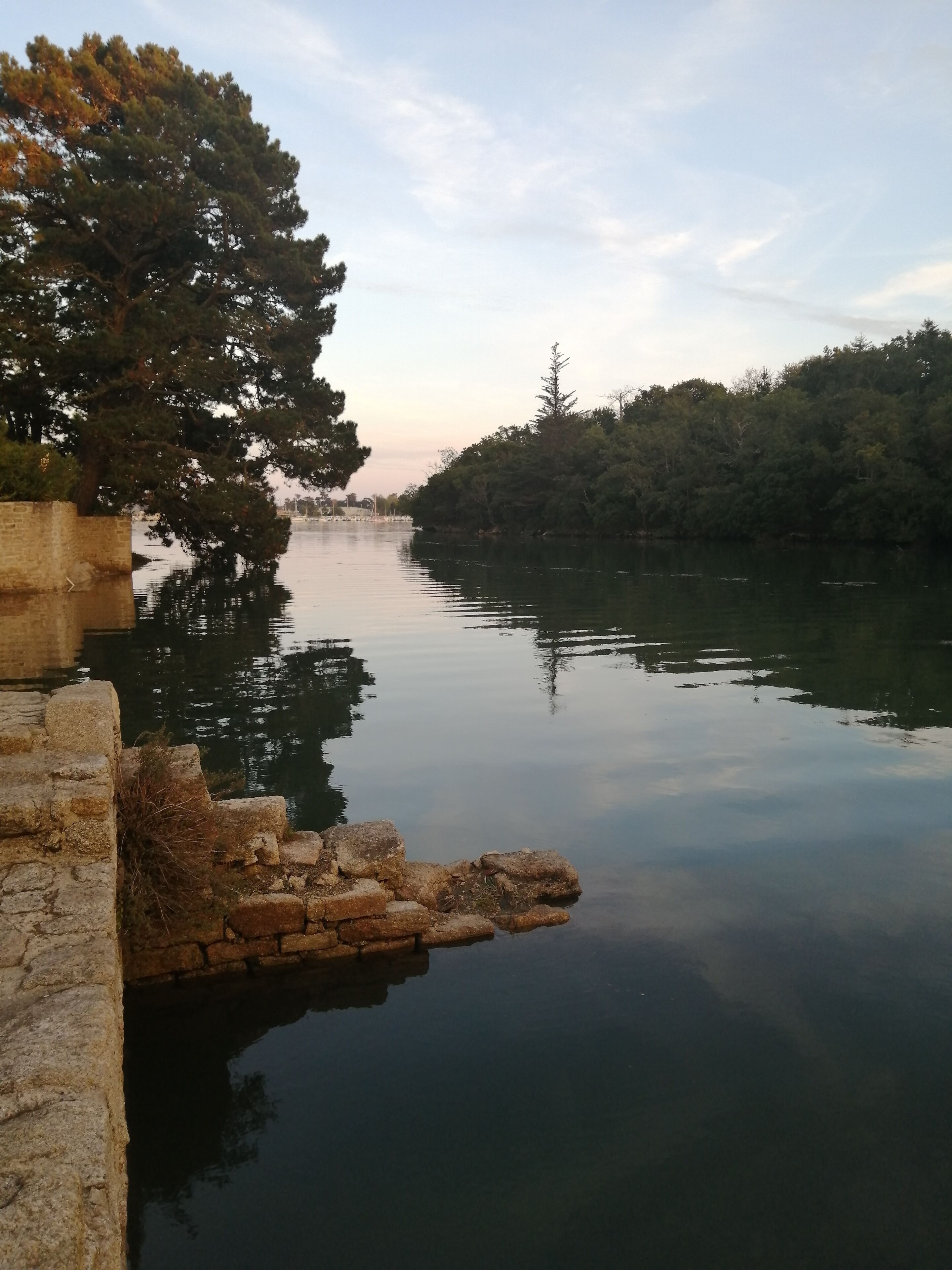 A calm river with a stone wall on one side and dense trees on the other.