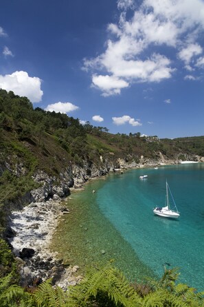 Un paysage côtier avec une eau turquoise limpide, une côte rocheuse et un voilier.