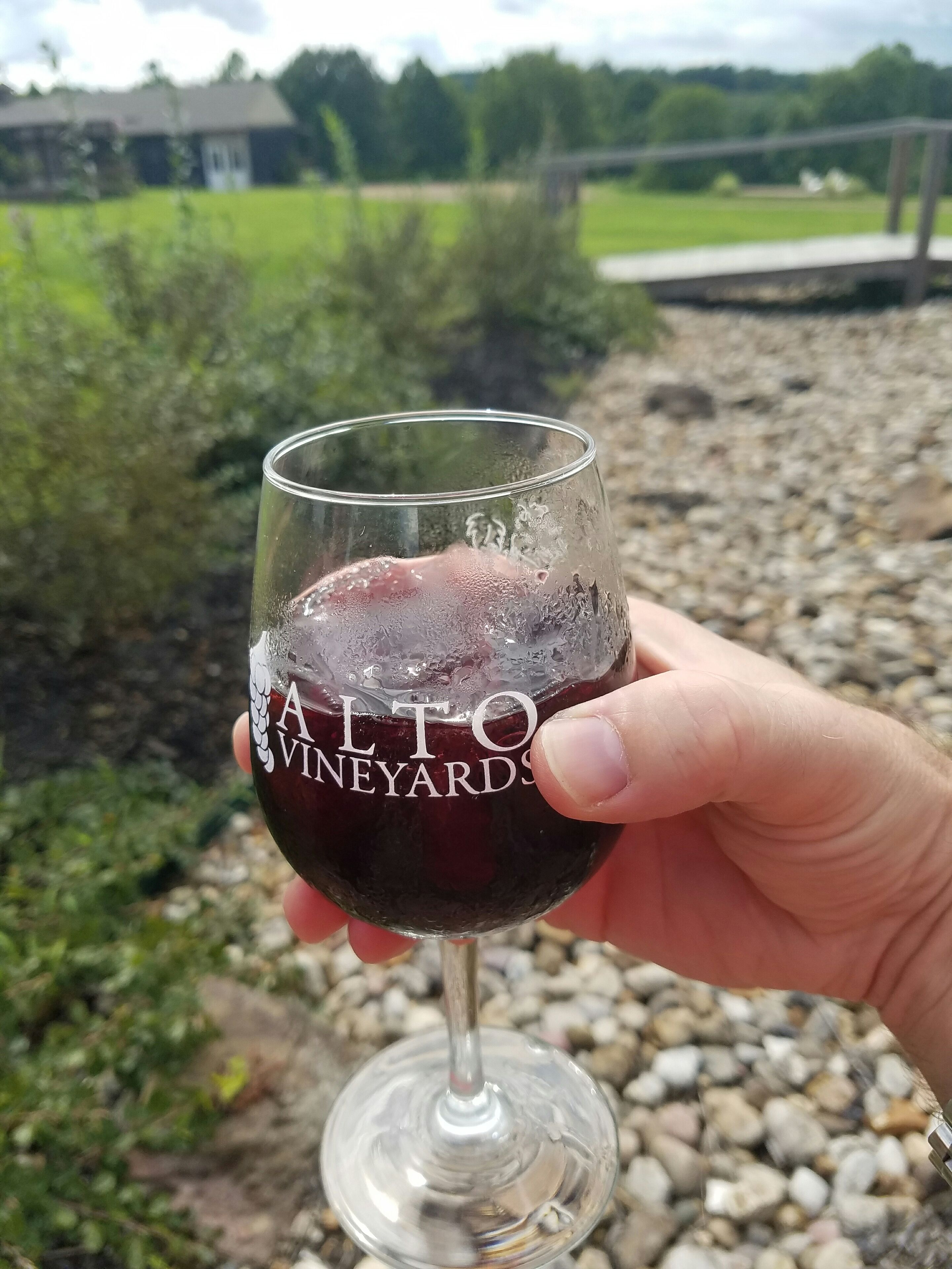A hand holding a wine glass with "ALTO VINEYARDS" written on it, set against a background of a gravel path and greenery.