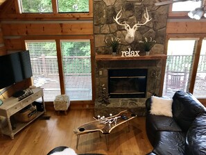 Smart TV, fireplace, video games, DVD player