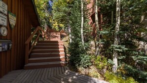 Un escalier en bois mène à un bâtiment entouré d’une forêt dense.
