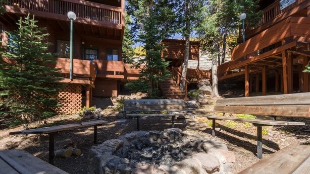 Une construction de style cabane en bois, dotée d’un foyer et de tables de pique-nique, située dans une zone boisée.