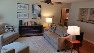 Flat-screen TV, fireplace, books
