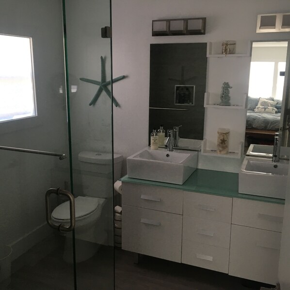 A modern bathroom with a glass shower enclosure, a white toilet, and a vanity with a large mirror. - Tavernier, FL 3/2 Canal Front Home minutes to open Ocean (Tavernier)