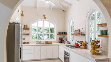 Fridge, oven, stovetop, coffee/tea maker