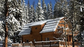Une cabane en bois dotée d’un balcon, entourée d’arbres couverts de neige.