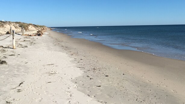 A sandy beach with gentle waves, a clear sky, and a distant boat.