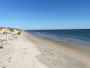 A sandy beach with gentle waves, a clear sky, and a distant boat.