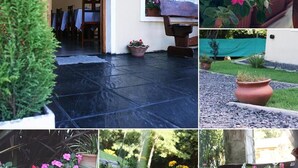 A series of indoor and outdoor scenes with potted plants, a tiled floor, and a bench.