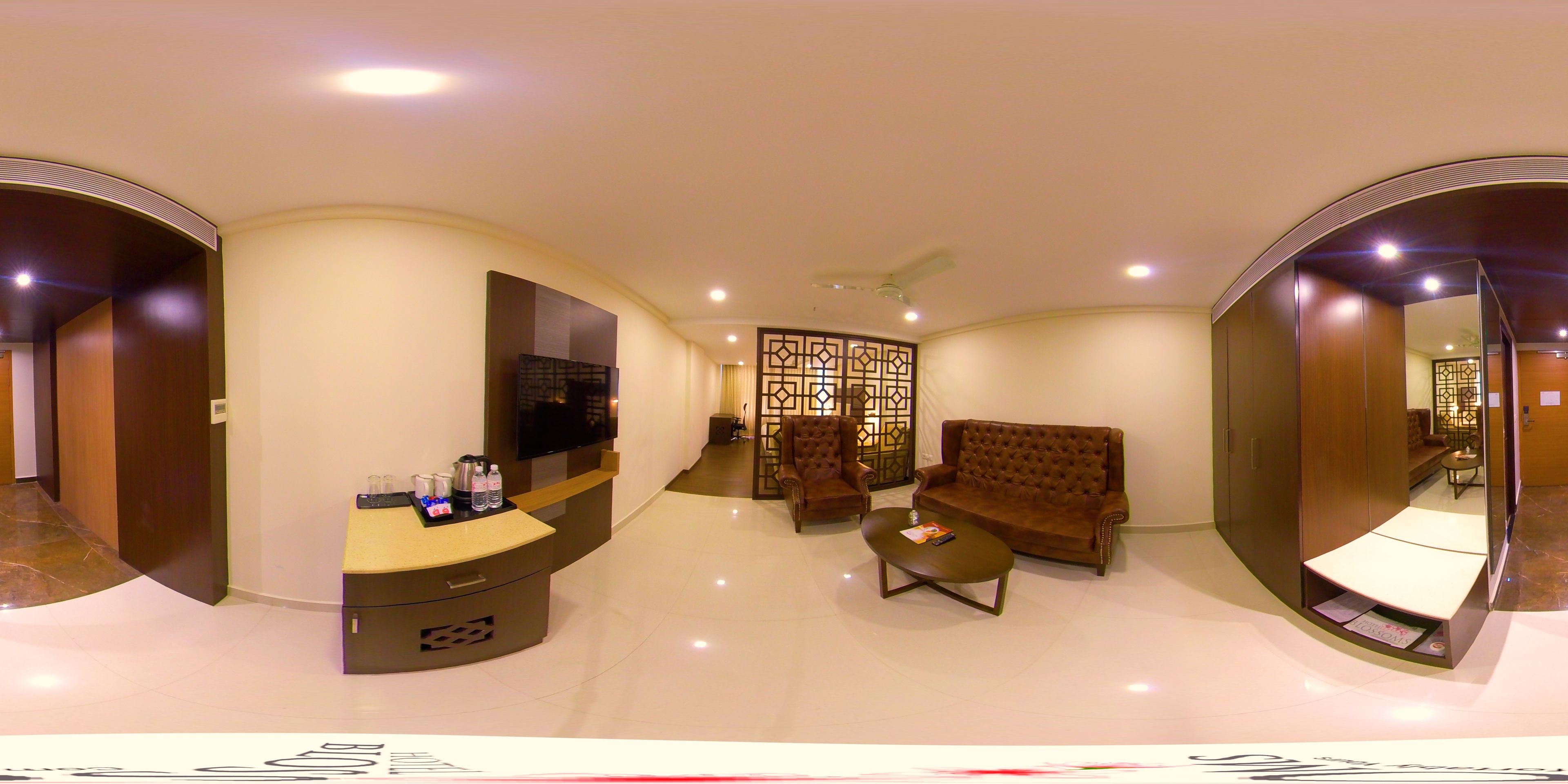 premium room, multiple beds, city view | living room | led tv, fireplace