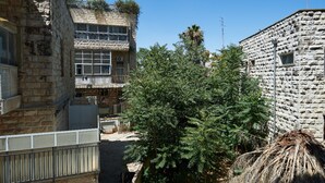 A narrow street with stone buildings, a tree, and a thatched roof structure. - NHE Machne Yehuda Apartments (Jerusalem)