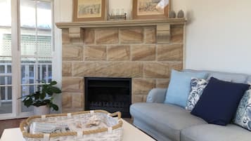 Smart TV, fireplace, DVD player, books