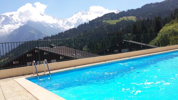 A swimming pool with a view of snow-capped mountains and forested hills. - Quiet rental with view of Mont Blanc - 4 people  (Saint-Gervais-Les-Bains)