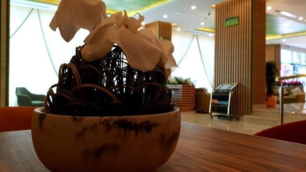 A bowl with a decorative item on a table in a modern interior space. - Jacob's Garden Hotel (Dubai)