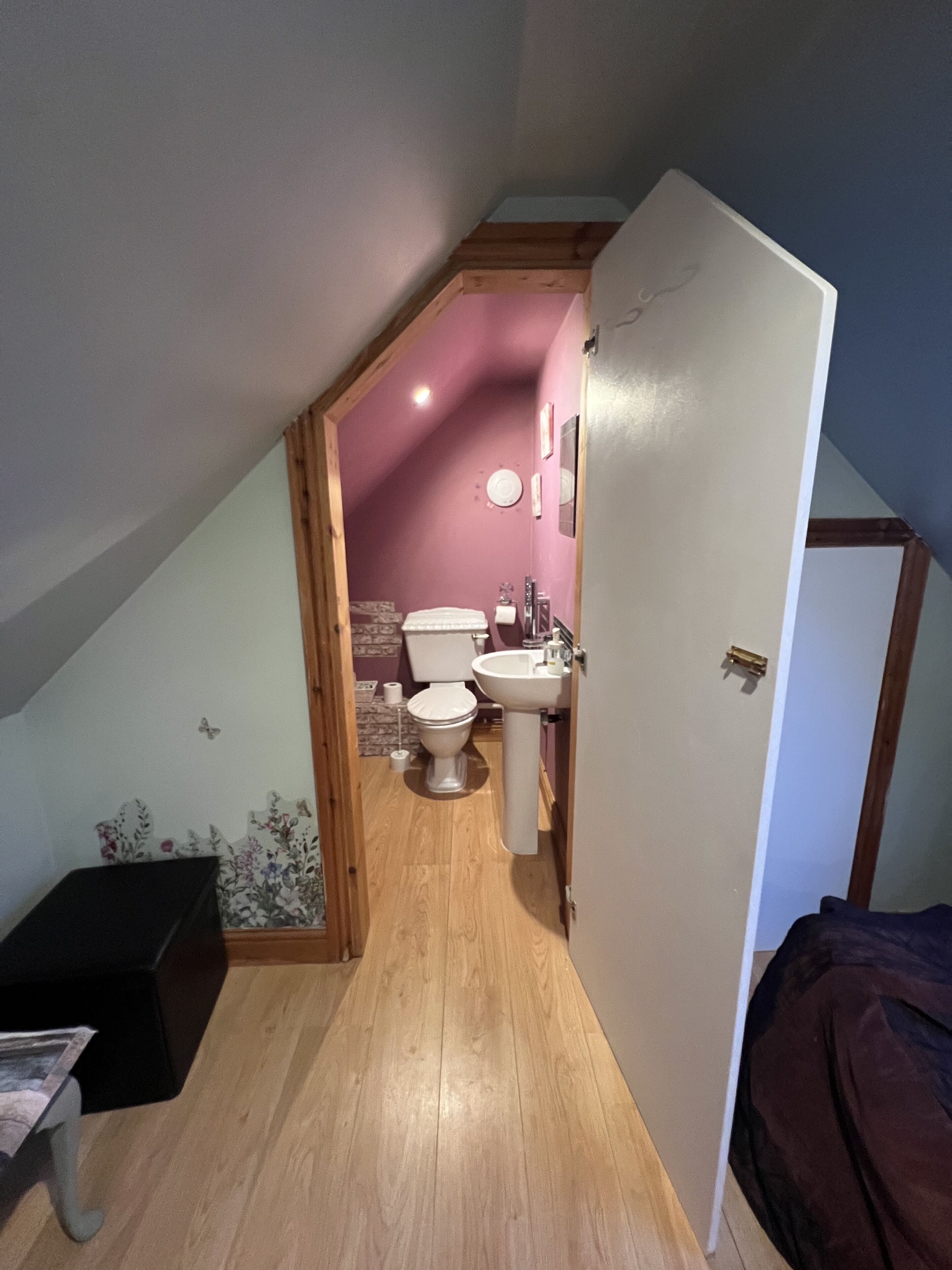 Een kamer met een laag, schuin dak, houten vloer, toilet, wastafel en een bed.