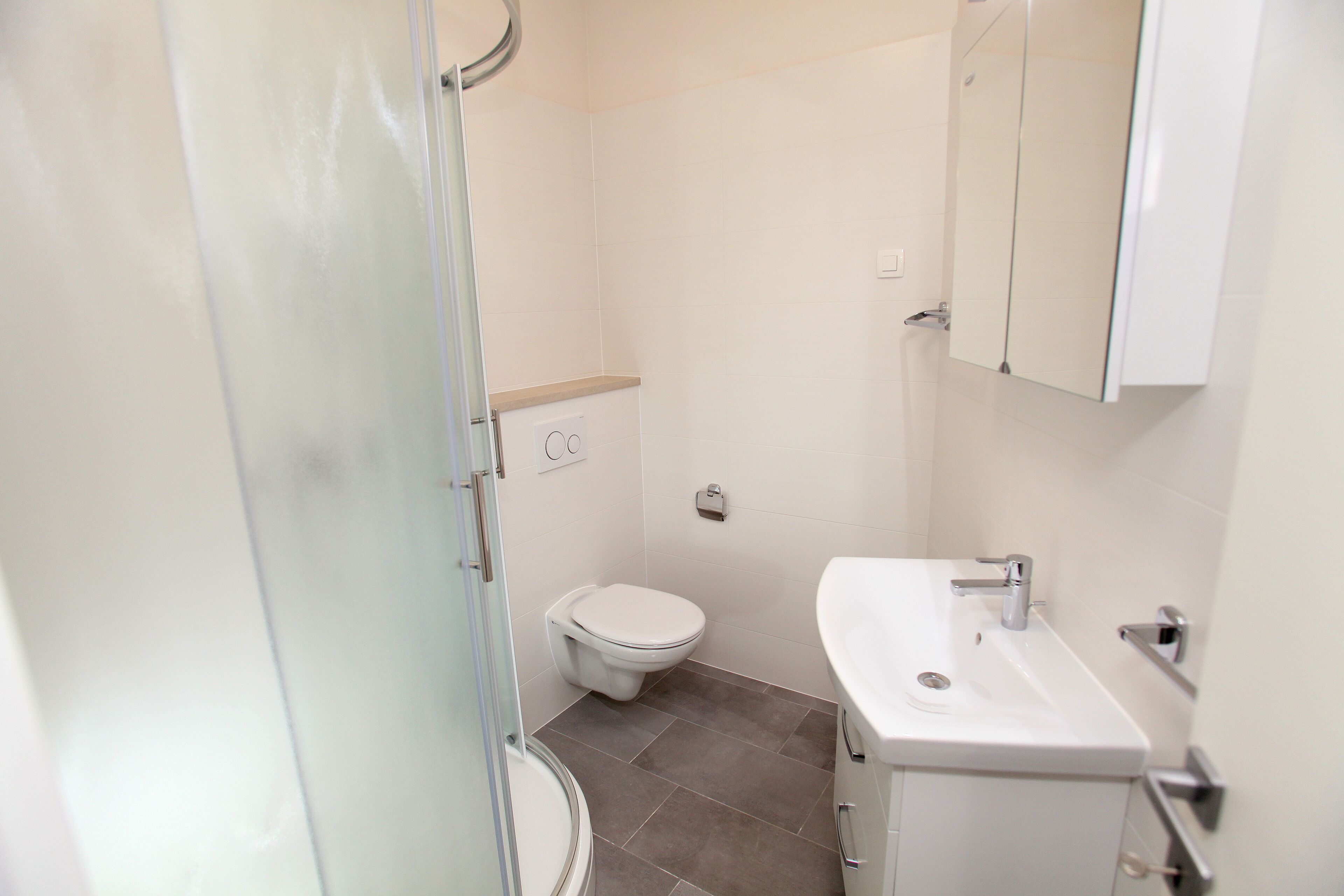 Une salle de bain équipée de toilettes, d’un lavabo et d’une douche à parois en verre.