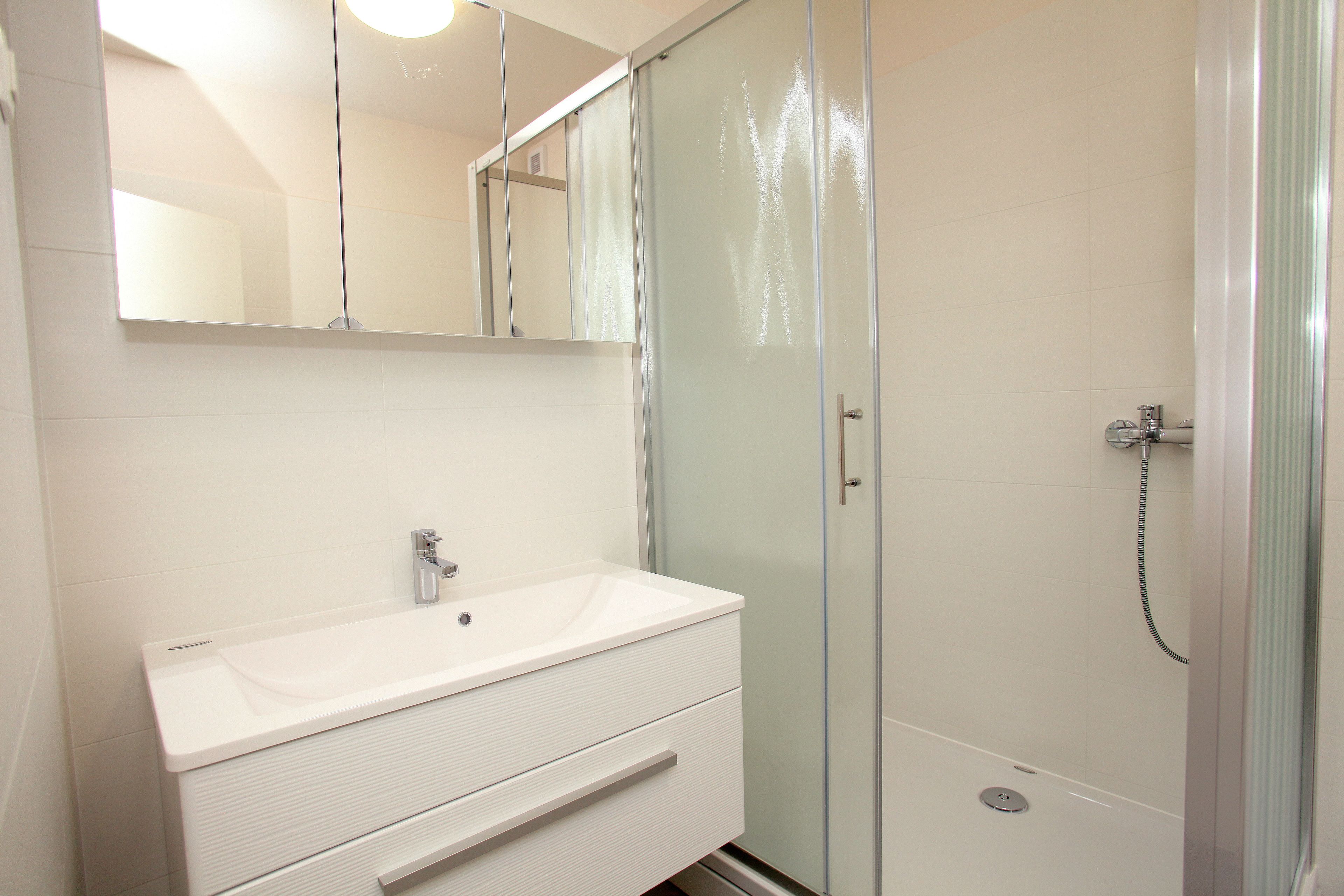 A modern bathroom with a white vanity, a large mirror, and a glass shower enclosure.