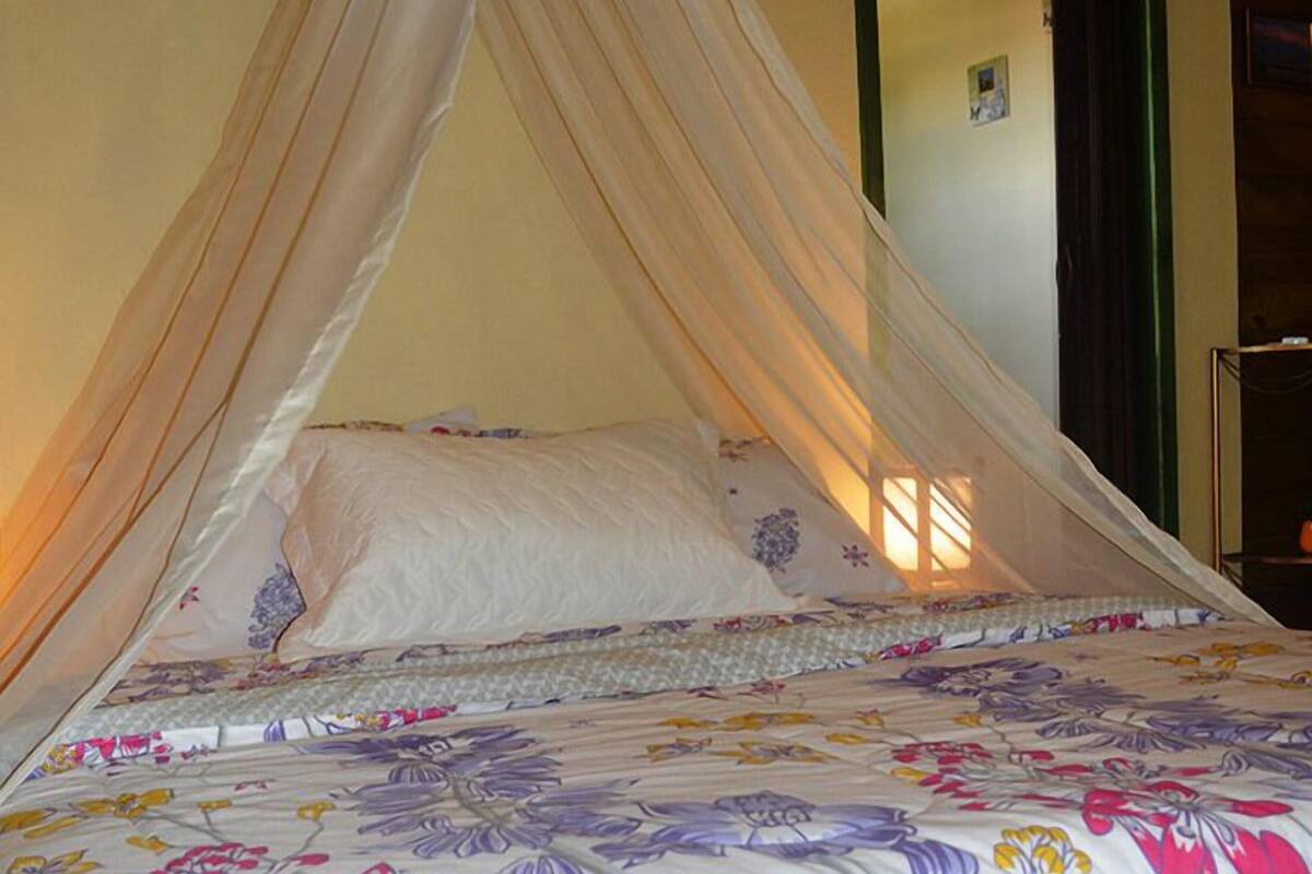 A bed with a floral bedspread and a canopy.