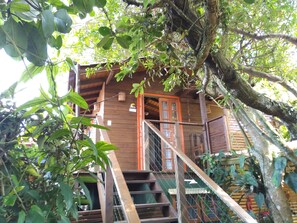 A wooden cabin with a staircase leading to a balcony, surrounded by lush greenery. - Pousada Refúgio dos Pássaros (Imbituba)