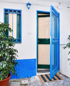 Simple, clean design with a small window and a blue door.