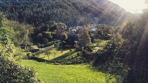 Ein ländliches Dorf mit Häusern, umgeben von üppiger Vegetation und einem bewaldeten Berg im Hintergrund.